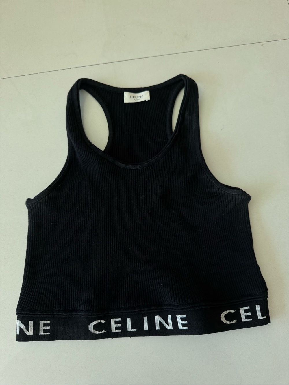 Celine Black Ribbed Racerback Crop Tank with Branded Hem